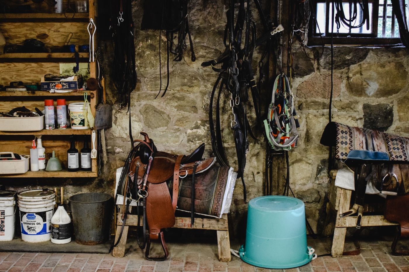 Selle e testiere appese in selleria